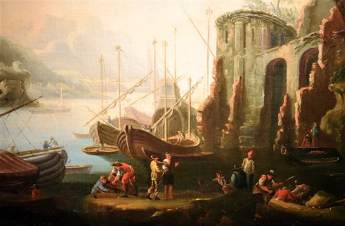Paesaggio costiero con porto  e rovine